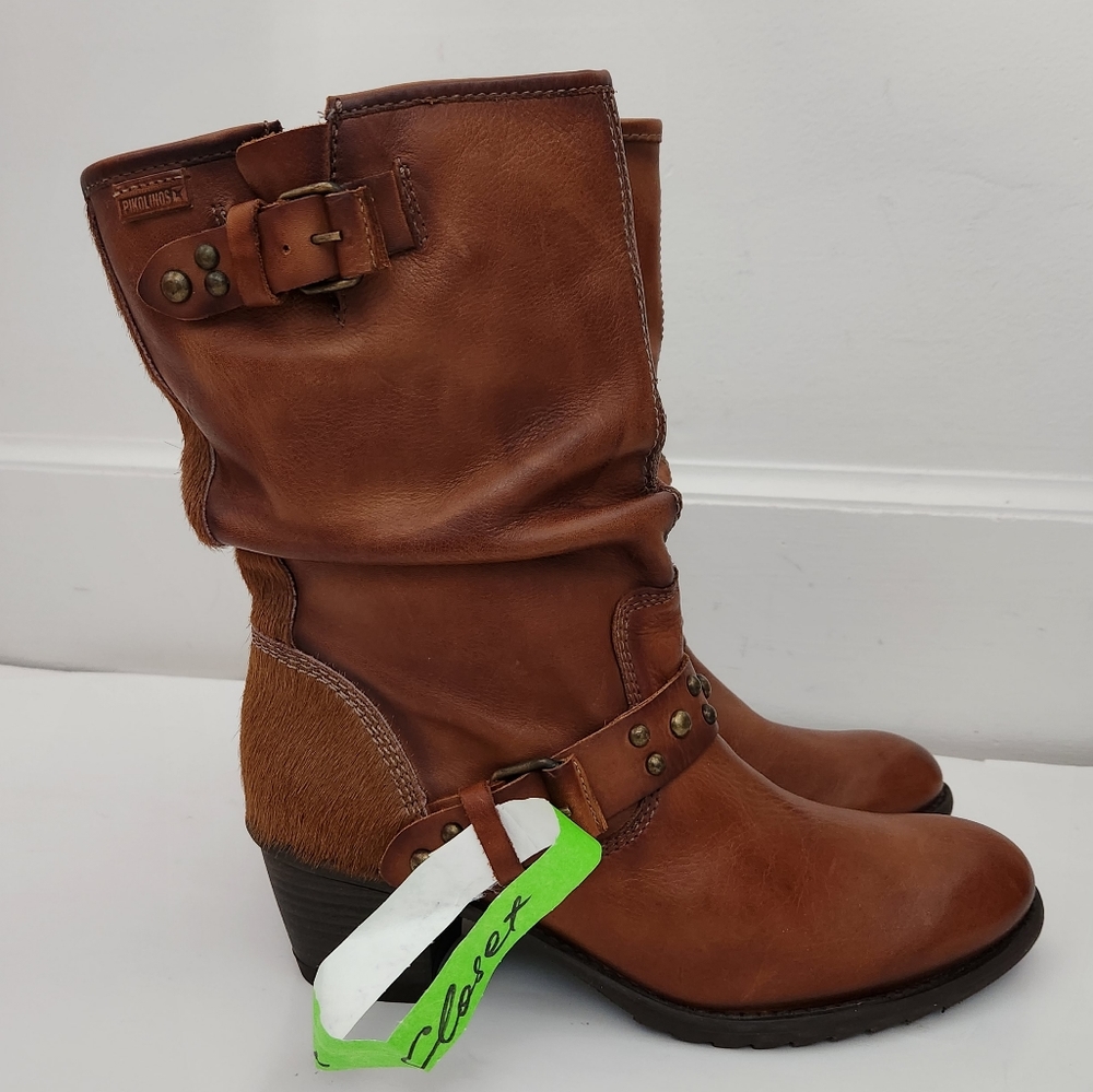 Pikolinos Size 40 Boots Brown Leather Moto Mid Calf